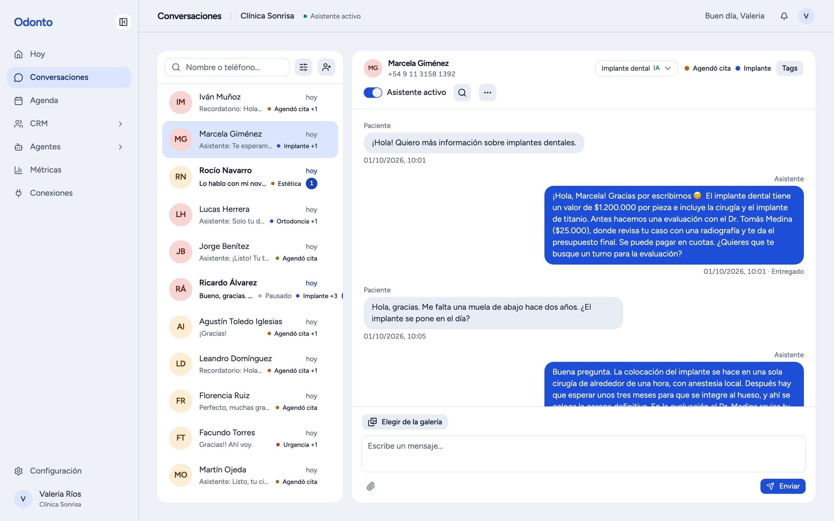 Bandeja de conversaciones de WhatsApp en Dentico